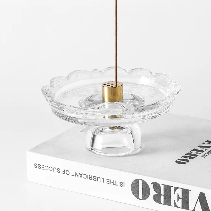 Vintage Scalloped Glass Incense Holder with 9-Hole Brass Insert