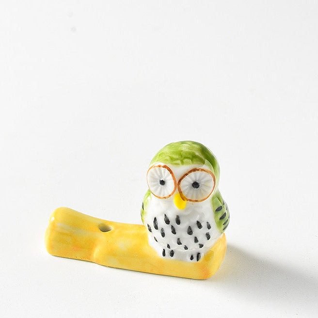 Ensemble porte-encens hibou en céramique : figurine peinte à la main et cendrier à carreau