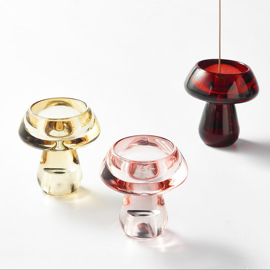 Brûle-encens champignon en verre teinté fait main et porte-encens en laiton à 9 trous – coupelle récupératrice de cendres esthétique pour la décoration intérieure et les rituels de pleine conscience