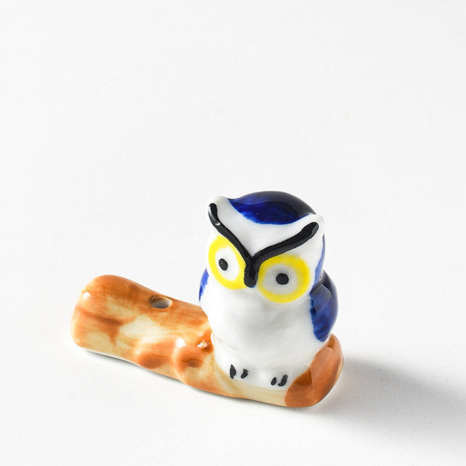 Ensemble porte-encens hibou en céramique : figurine peinte à la main et cendrier à carreau