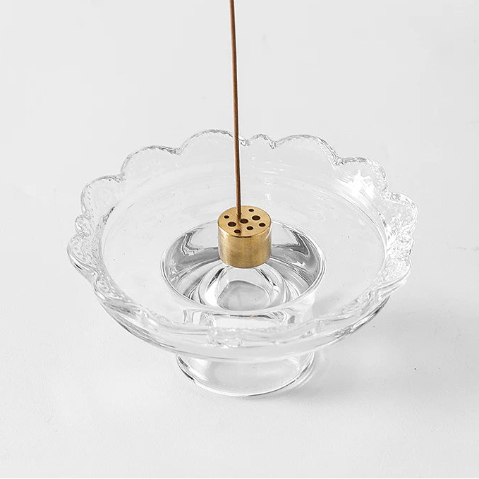 Vintage Scalloped Glass Incense Holder with 9-Hole Brass Insert