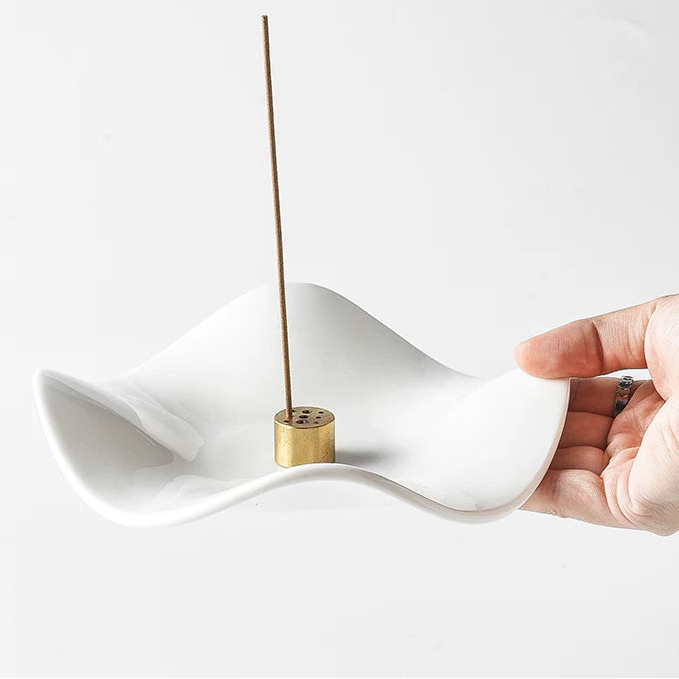 Minimalist Wave Ceramic Incense Tray with 9-Hole Brass Insert
