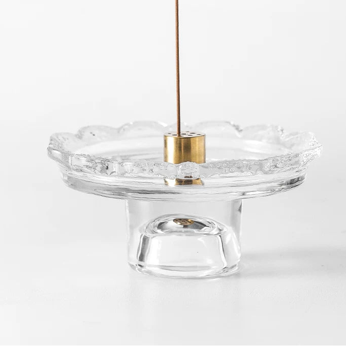 Vintage Scalloped Glass Incense Holder with 9-Hole Brass Insert