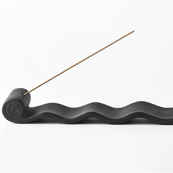 Black Wave Ceramic Incense Holder | Minimalist Scroll Burner