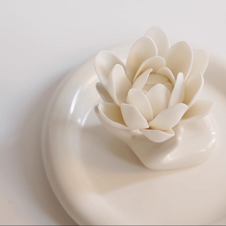 Handmade Ceramic Lotus Incense Holder Tray – White Lotus Flower Jewelry Dish & Zen Home Decor