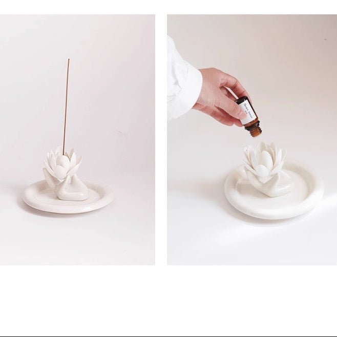 Handmade Ceramic Lotus Incense Holder Tray – White Lotus Flower Jewelry Dish & Zen Home Decor